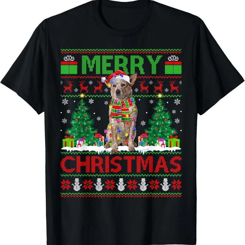 Xmas Tree Lights Ugly Santa Australian Cattle Dog Christmas T-Shirt Hoodie, Sweatshirt | HypeDripTees.com
