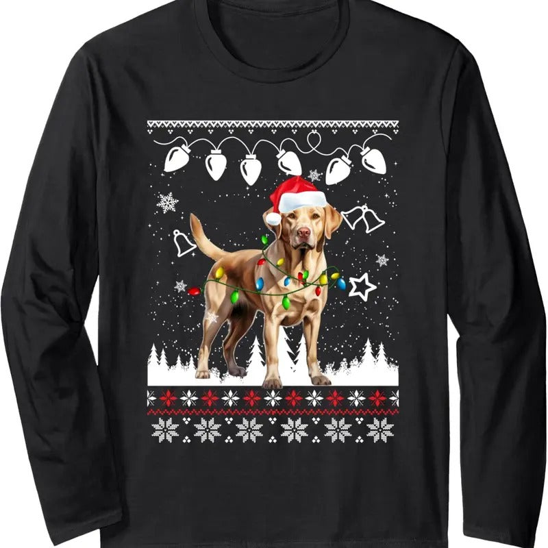 Xmas Ugly Sweater Christmas Lights Labrador Retriever Dog Long Sleeve T-Shirt Hoodie, Sweatshirt | HypeDripTees.com