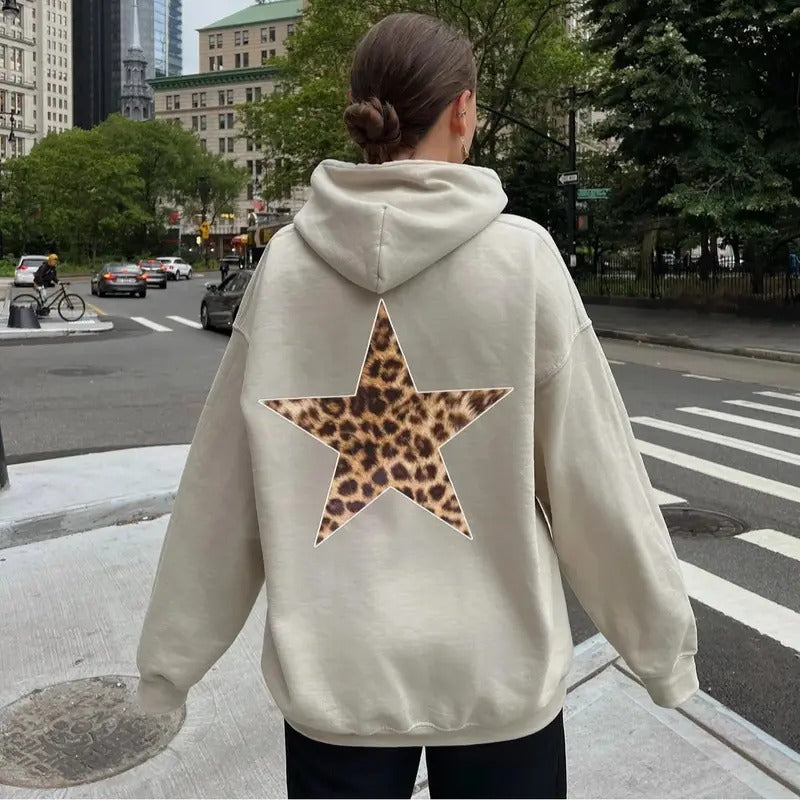 Y2K Leopard Star Hoodie, Aesthetic Hoodie, Women's Streetwear, Leopard Print Tops, Unisex Long Sleeve Pullover Hoodie...