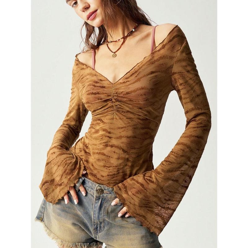 Y2K Mesh Bell Long Sleeve T Shirt Ruched V Neck Lettuce Trim Fitted Tops Hoodie, Sweatshirt | HypeDripTees.com