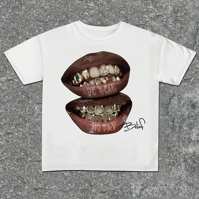 Y2K Style Women's Blended T-shirt with Unique Print, Crew Neck, Short Sleeves, Casual Summer Top, Menswear Womenswear Top...