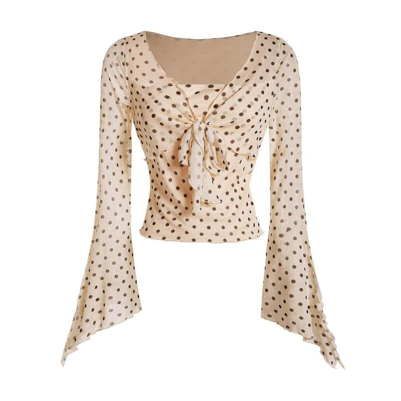 Y2K Tie Front Tops Bell Sleeve Floral Print Mesh Tops Long Sleeve Shirts 2000s Clothing Hoodie, Sweatshirt | HypeDripTees.com