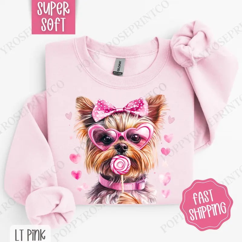 Yorkie Valentine Sweatshirt, Dog Valentine's Day Crewneck, Cute Women's Sweater T-Shirts, Hoodie | HypeDripTees.com