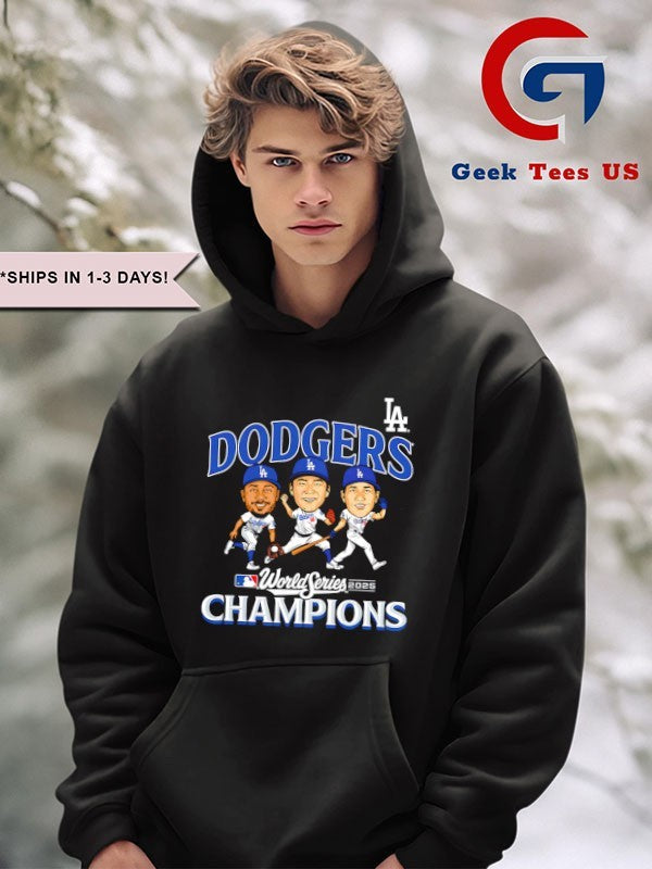 Yoshinobu Yamamoto Mookie Betts and Shohei Ohtani Los Angeles Dodgers World Series Champions 2025 caricature signature shirt