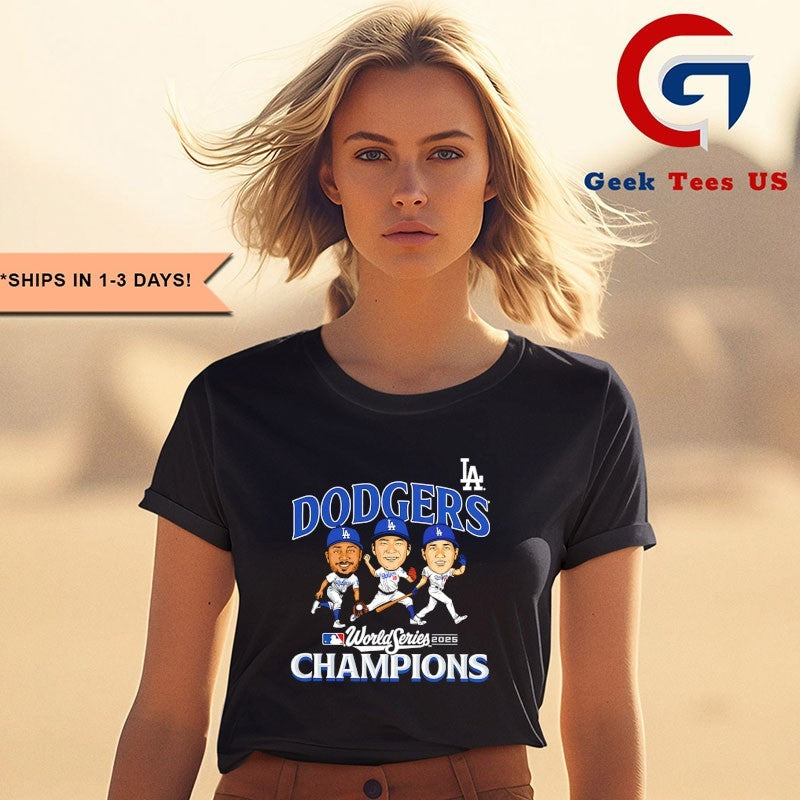 Yoshinobu Yamamoto Mookie Betts and Shohei Ohtani Los Angeles Dodgers World Series Champions 2025 caricature signature shirt