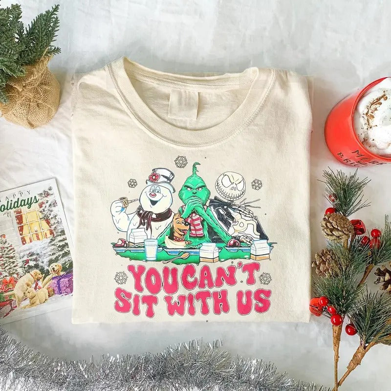 You Can't Sit With Us Christmas Character Movie Grin Jack Skellington Shirt, Christmas Movies Shirt, Xmas Graphic Tee...