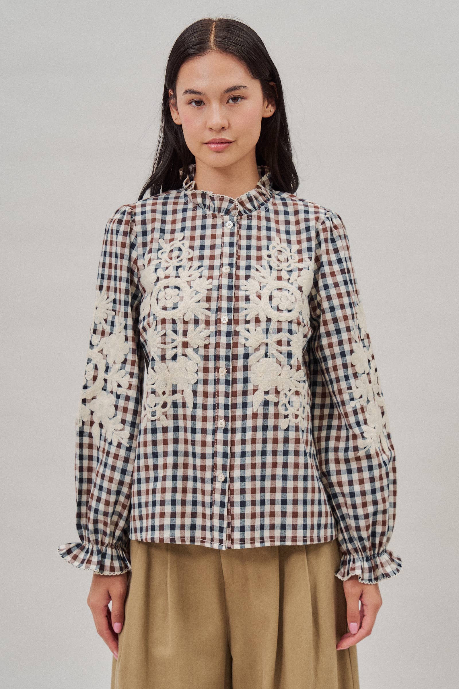 Floral Embroidered Gingham Blouse with Ruffle Collar