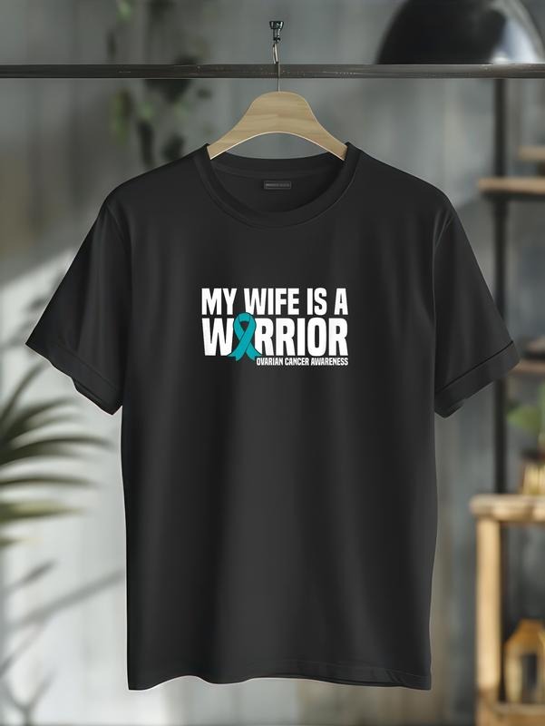 cotton My Wife is a Warrior Teal Ribbon Ovarian Cancer Awareness T-Shirt casual Fashion graphic tees Hoodie, Sweatshirt