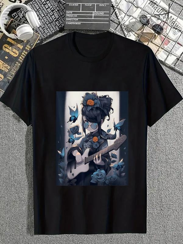 cotton Rebellious Riffs: Retro Music Anime Girl T-Shirt casual Fashion graphic tees for women Hoodie, Sweatshirt