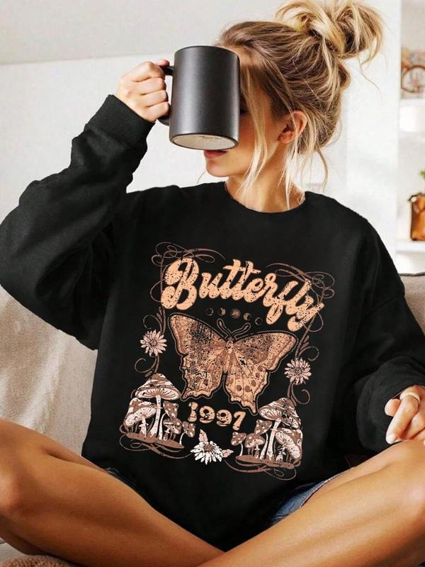 Autumn Winter Bandit Retro Women's Round Neck Pullover Sweatshirt, Butterfly Print, Casual Fitted Style, Warm for...