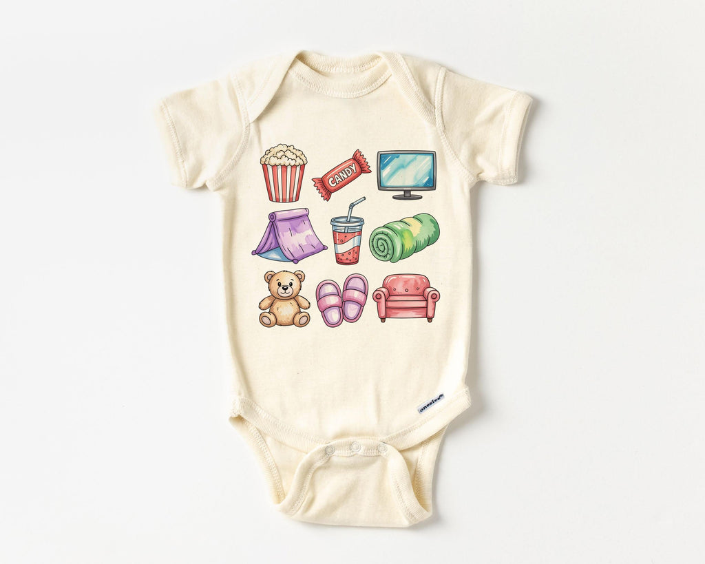 Retro Movie Night Doodles Toddler Tee Popcorn Tv Candy Teddy Bear Fort Natural Boho Toddler Tee (2)