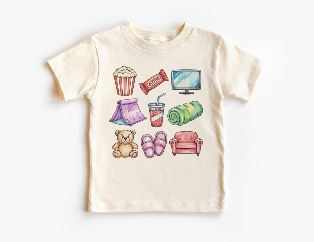 Retro Movie Night Doodles Toddler Tee Popcorn Tv Candy Teddy Bear Fort Natural Boho Toddler Tee (1)