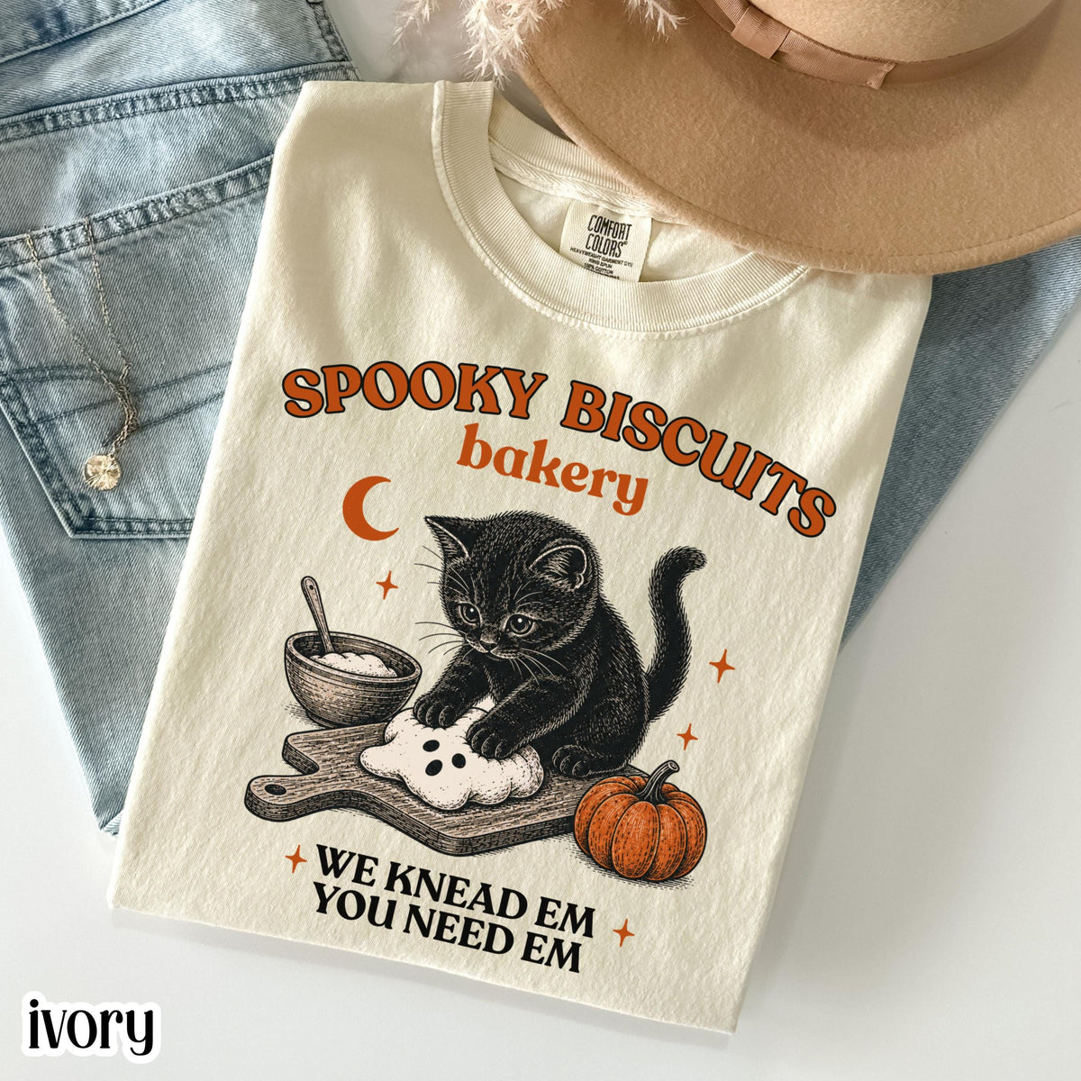 Comfort Colors Kitty Biscuits Spooky Season Tee Black Cat Halloween Fall Vintage Baking Pumpkin Cat Lover Fall (2)