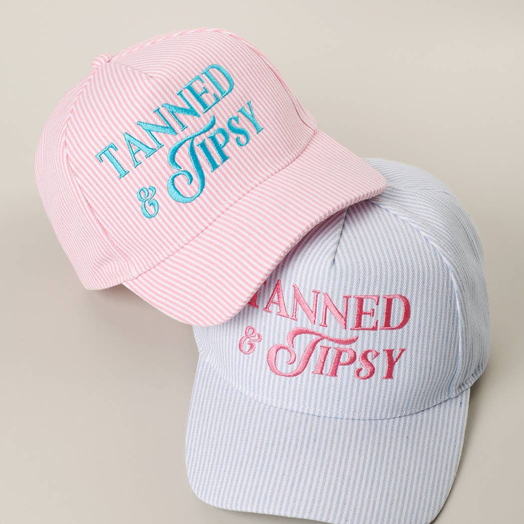 Tanned & Tipsy Embroidered Seersucker Stripe Trucker Hat