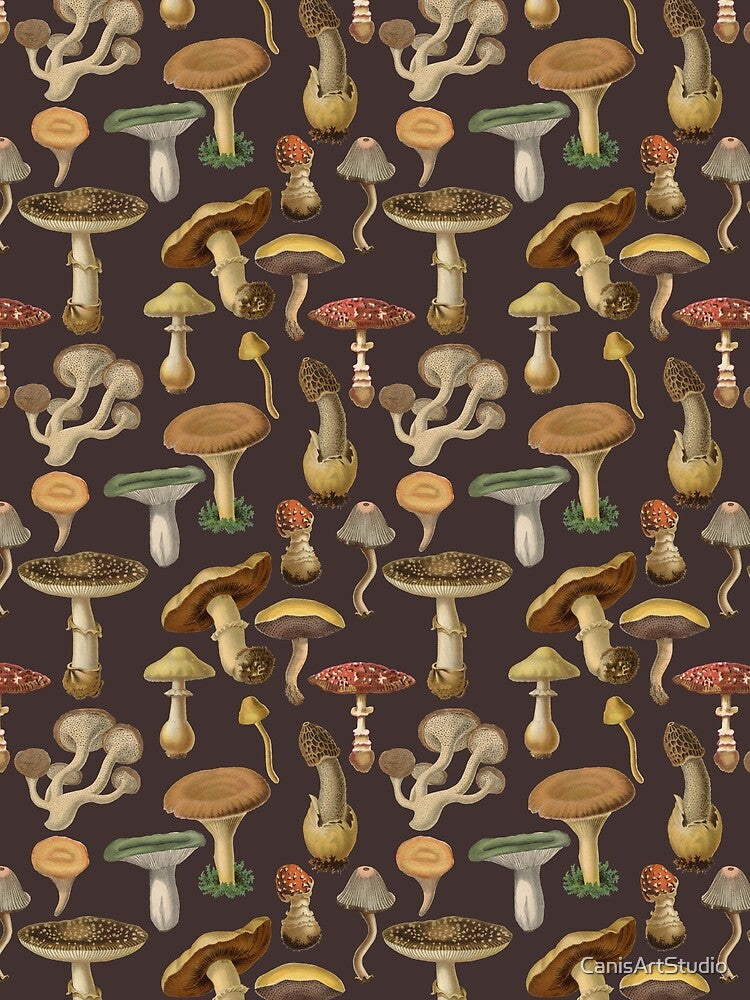Forest Mushrooms Collection Goblincore Pattern - Coffee Brown by CanisArtStudio