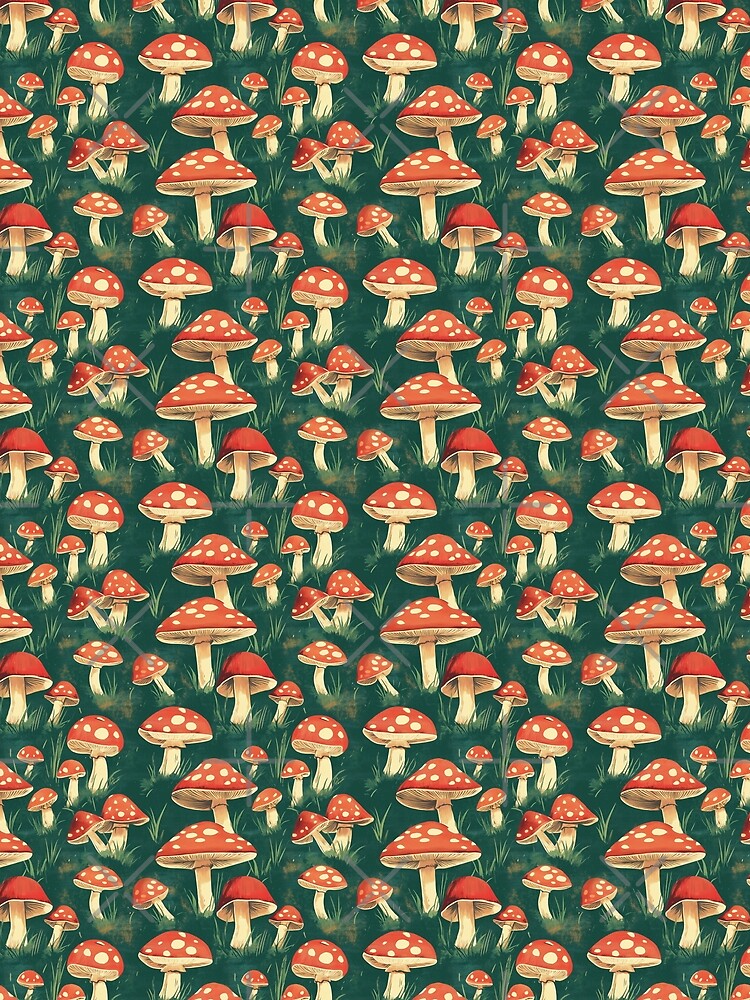 red toadstools on green background by PoppyLaneStudio