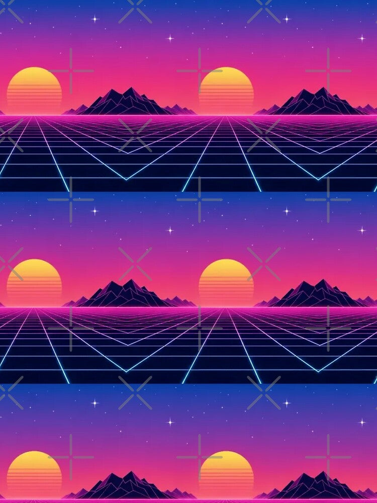 Retro Chrome Grid Sunset Synthwave Horizon Repeat by StickyGuys