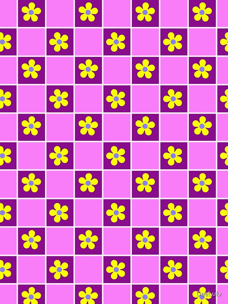 Retro Checkerboard Daisy Pattern - Purple and Pink Groovy Floral Grid by DeeLulu