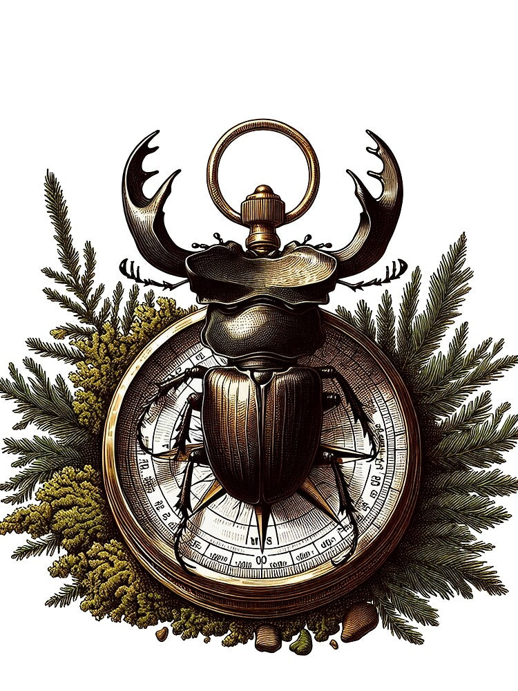 Vintage Stag Beetle Navigator on Brass Compass - Dark Academia Entomology by The Mossy Library