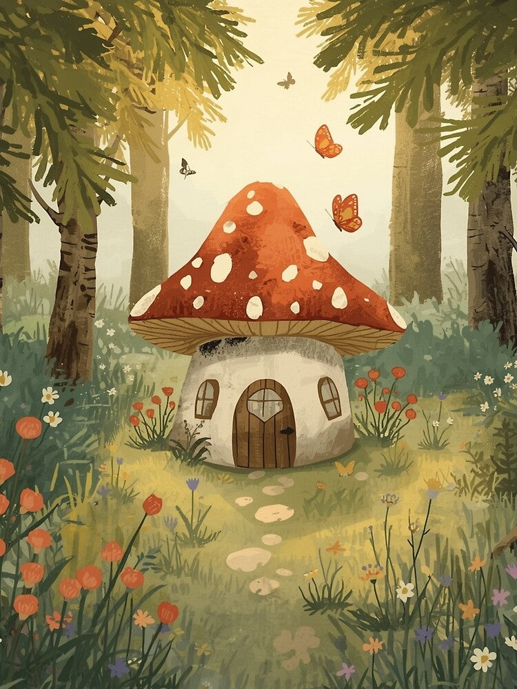 Mushroom House in Forest – Whimsical Cottagecore Art by NateInk