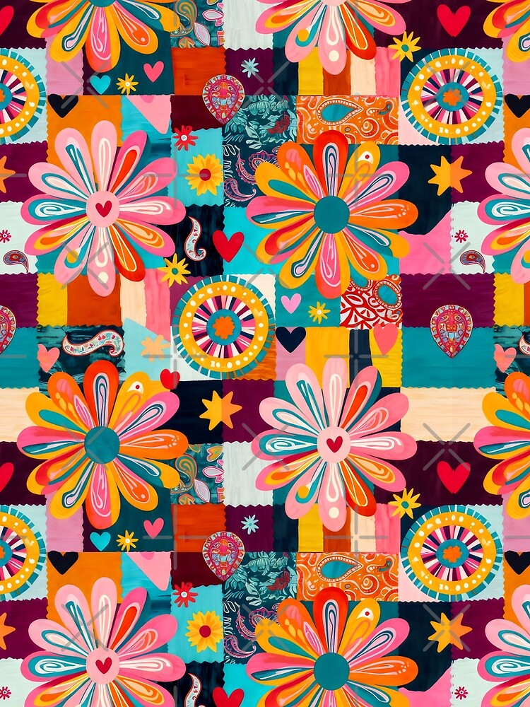 Dopamine Style Patchwork Design with Colorful Flowers, Paisley Motifs, and Retro Quilt Elements by SplashTastic