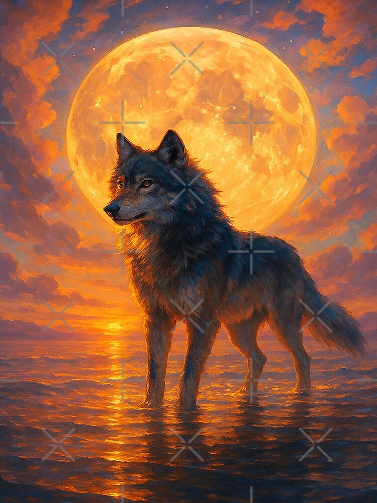 Moonlit Wolf at Sunset – Majestic Fantasy Illustration by alw951