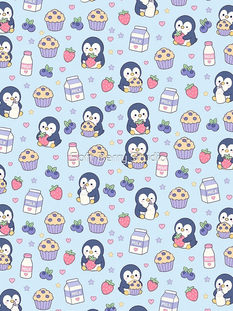 Kawaii Penguin Berry Muffin Pattern by Soft Berry Studio