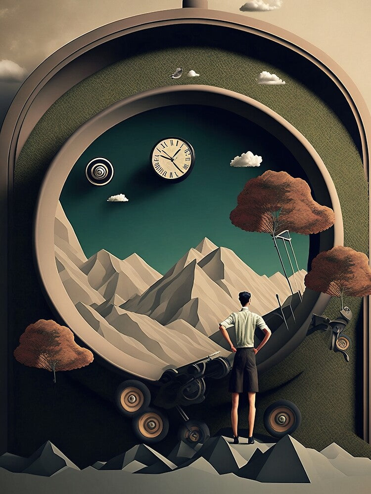 Surreal Time Portal Landscape | Dreamy Mountain Clock Art | Abstract Fantasy Collage by FantasyFlicker