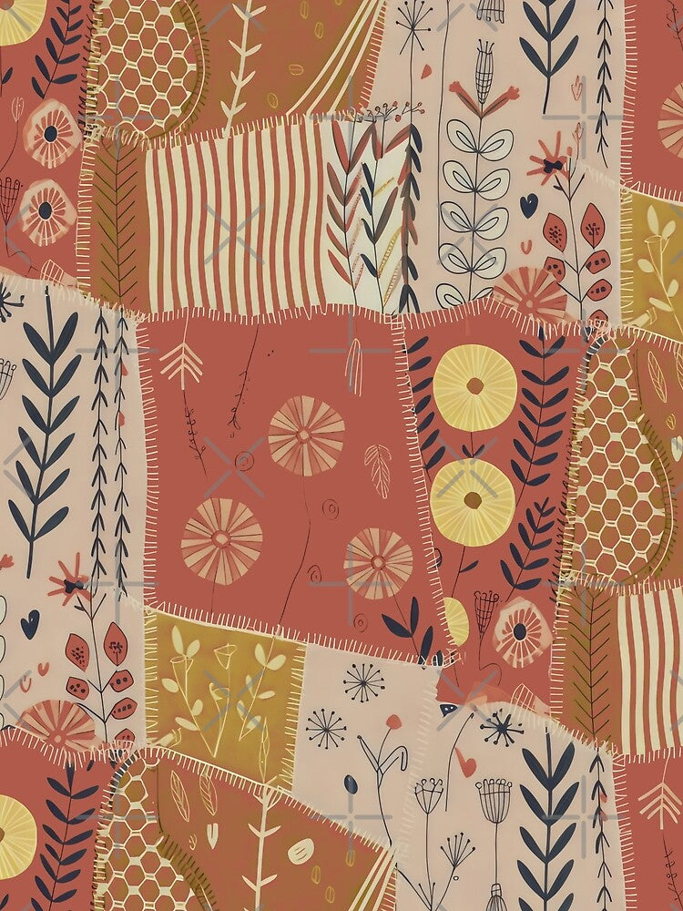 Botanical Patchwork Design with Earthy Colors and Abstract Textile Collage by SplashTastic