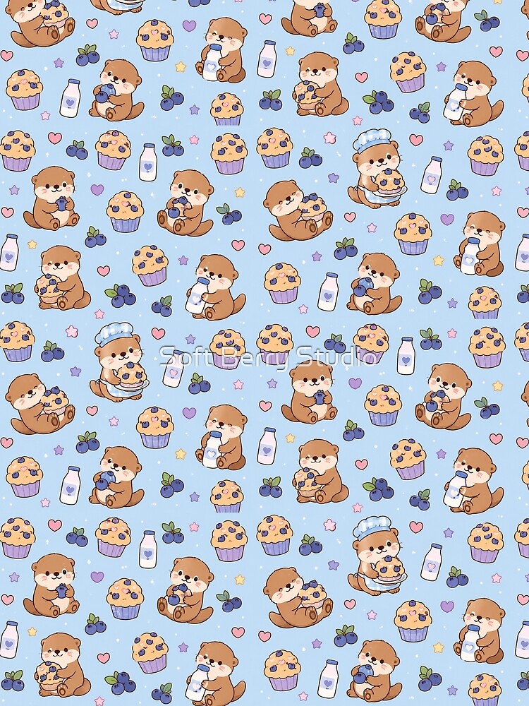 Cute Otter Blueberry Muffin Kawaii Pattern by Soft Berry Studio