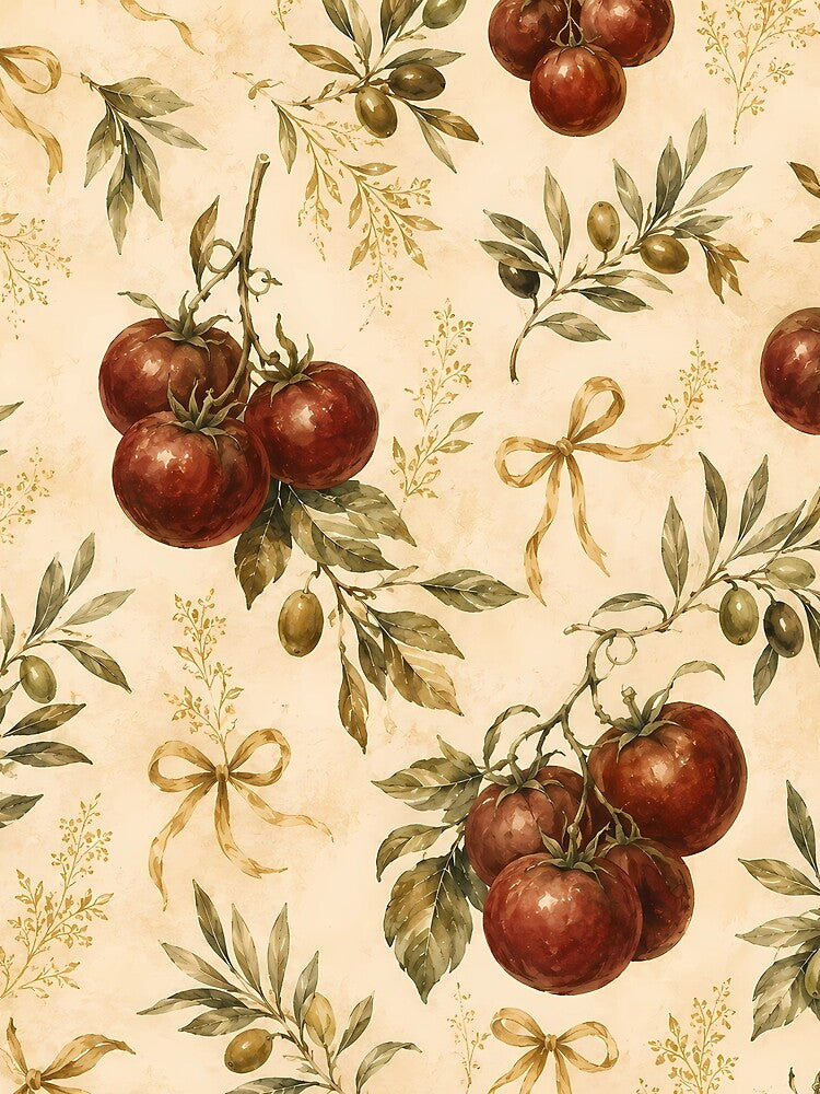 Rustic Tuscan Tomato and Olive Branch Vintage Botanical Pattern by BeataPrint