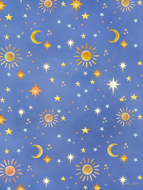 70's Boho Sun Moon Pattern Watercolor by EmLosin