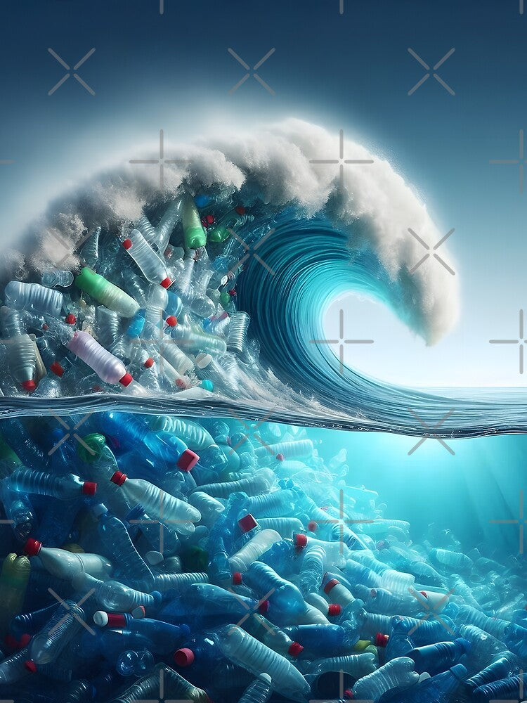 A massive ocean wave curls, revealing a core of plastic bottles and debris both above and below the water's surface by homydesign