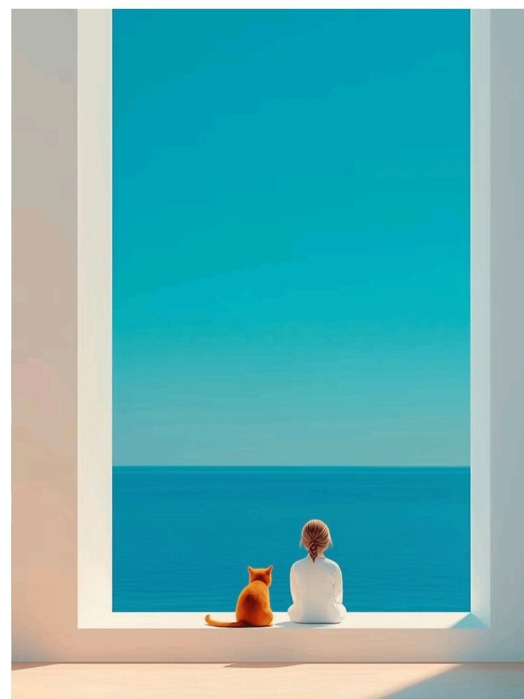 Minimalist Girl and Ginger Cat Gazing at the Blue Ocean Window by Fern & Fable