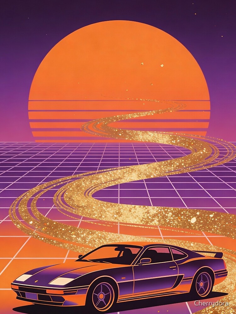 Golden Horizon Driver: Luxury Synthwave Sports Car - 80s Outrun Glitter Road Art by Cherrydora