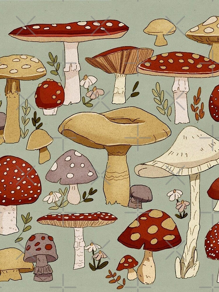 Vintage Woodland Mushroom Pattern – Cottagecore Fungi Botanical Illustration by RJACreative