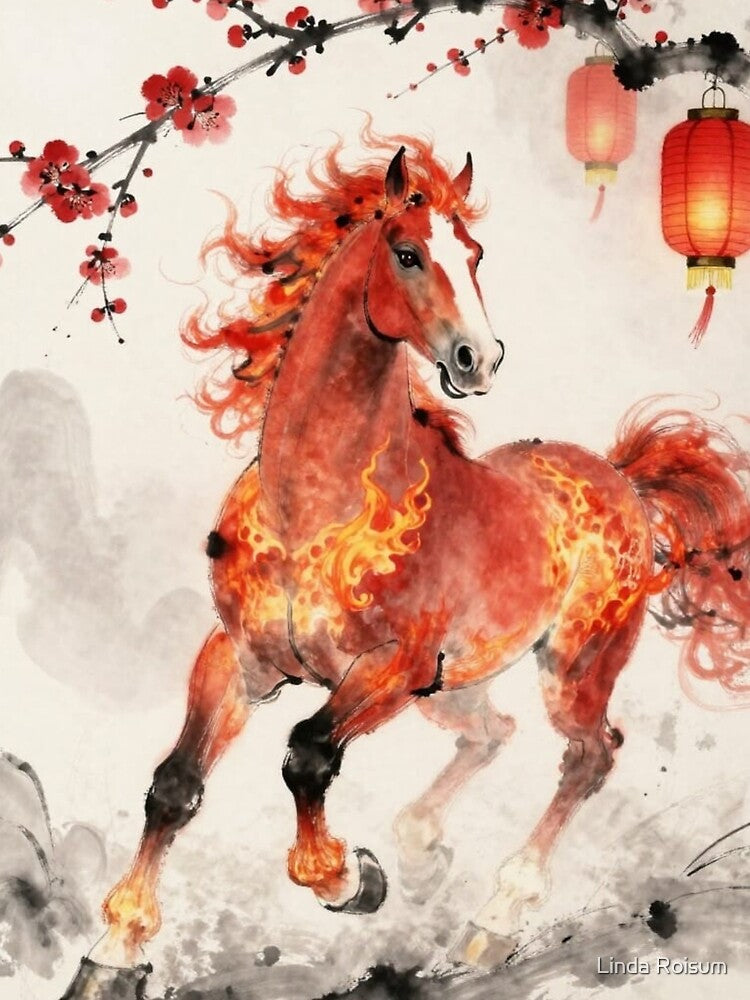 Fiery Red Horse Watercolor – Chinese New Year Lantern & Blossom Art Print by Linda Roisum