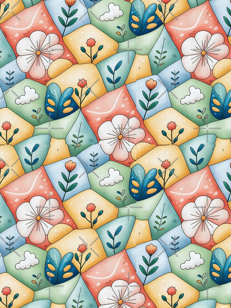 Dopamine Style Floral Patchwork Design with Roses, Daisies, and Geometric Quilt Motifs by SplashTastic