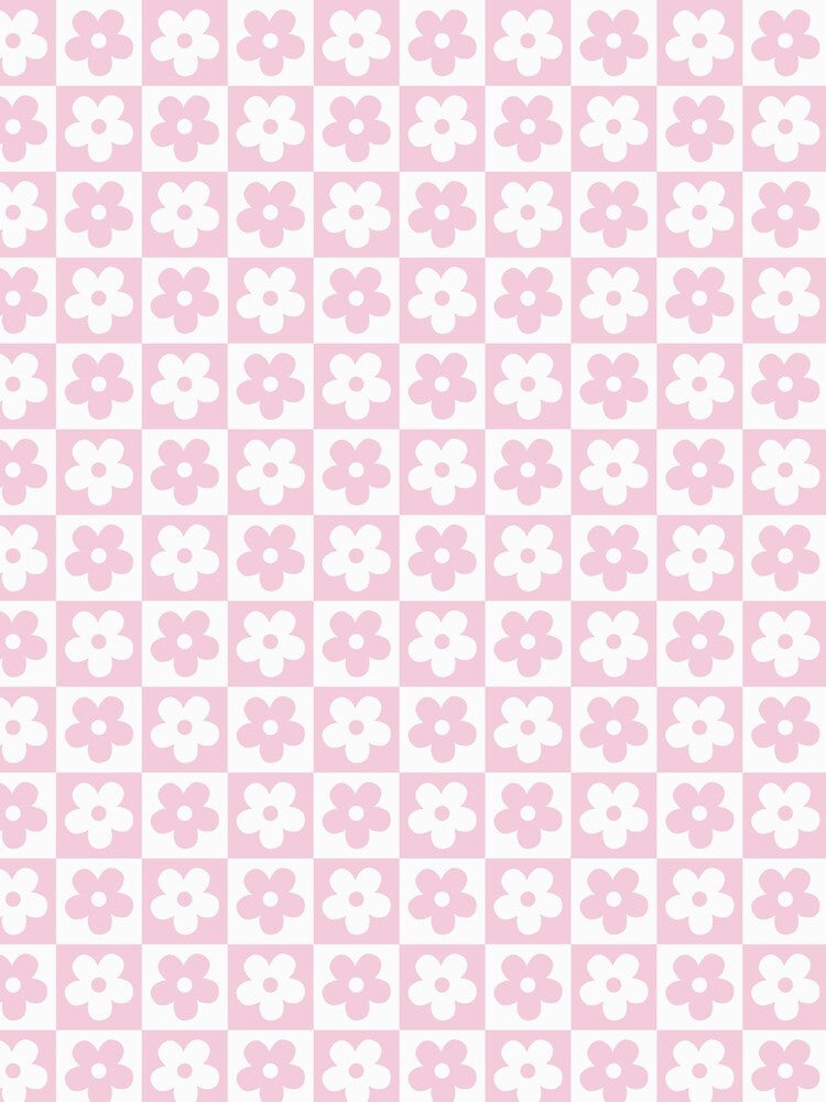Pink Checkerboard Daisy Pattern, Pastel Pink Retro Flower Checkered, Aesthetic Soft Girl Pink Floral Grid, Kawaii Pink Floral Tile Pattern, Pale Pink Mod Floral Pattern, Preppy Pink Checkered Daisy by VivaFy
