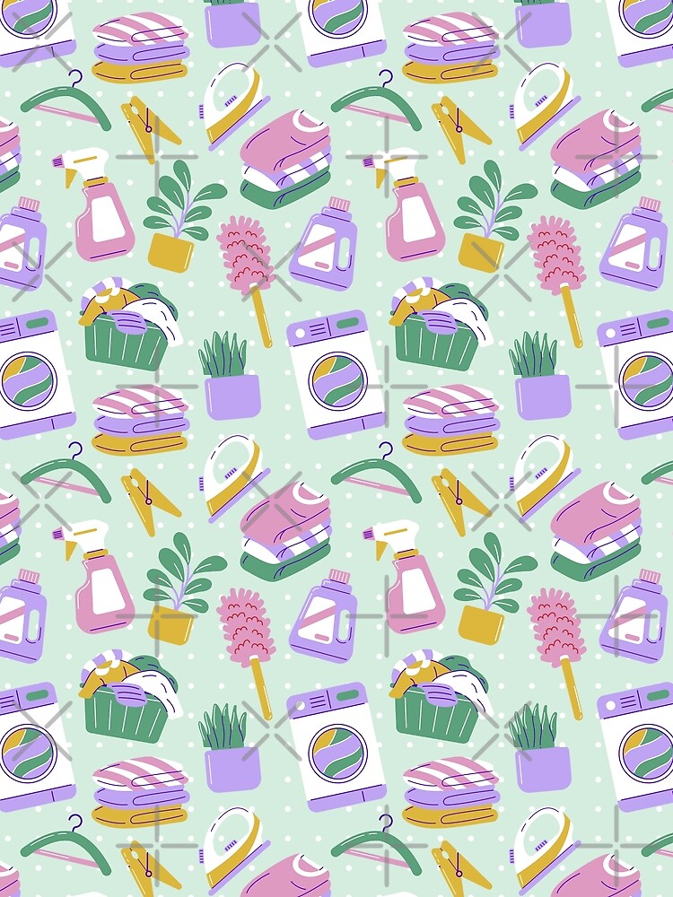 Cute Household Chores Themed Seamless Pattern Turquoise by MadeByBeata