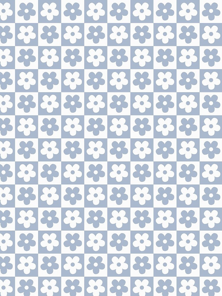 Dusty Blue Checkerboard Daisy Pattern, Pastel Blue Retro Flower Checkered, Aesthetic Coastal Blue Floral Grid, Kawaii Blue Floral Tile Pattern, Retro 70s Blue Daisy Checkered by VivaFy