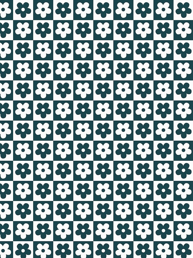 Dark Teal Checkerboard Daisy Pattern | Emerald Green Retro Flower Checker | Aesthetic Forest Green Floral Grid | Dark Teal Mod Floral Pattern | Preppy Forest Green Checkered Daisy by VivaFy