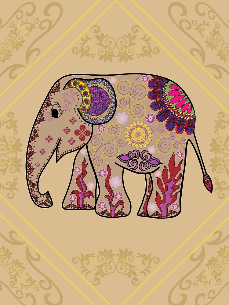 Decorative Thai Elephant Illustration with Floral Mandala Pattern , Exotic Asian Art Design by VividWeave Patterns