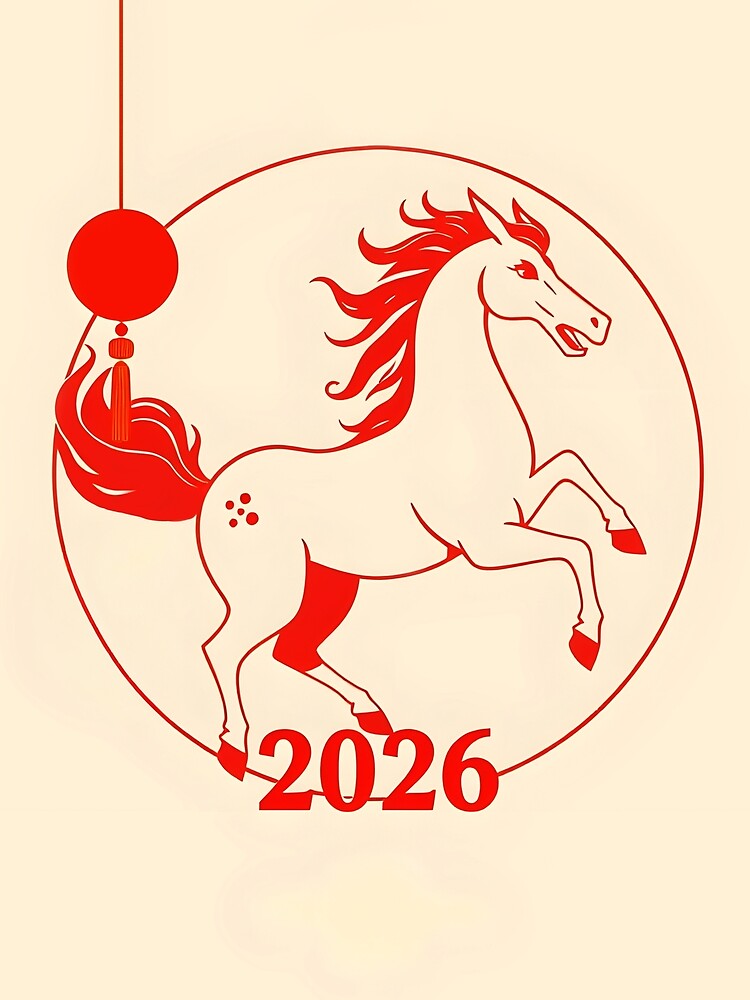 Red Fire Horse and Chinese Lantern – 2026 Chinese Zodiac New Year Design by EmeraldeaDesign
