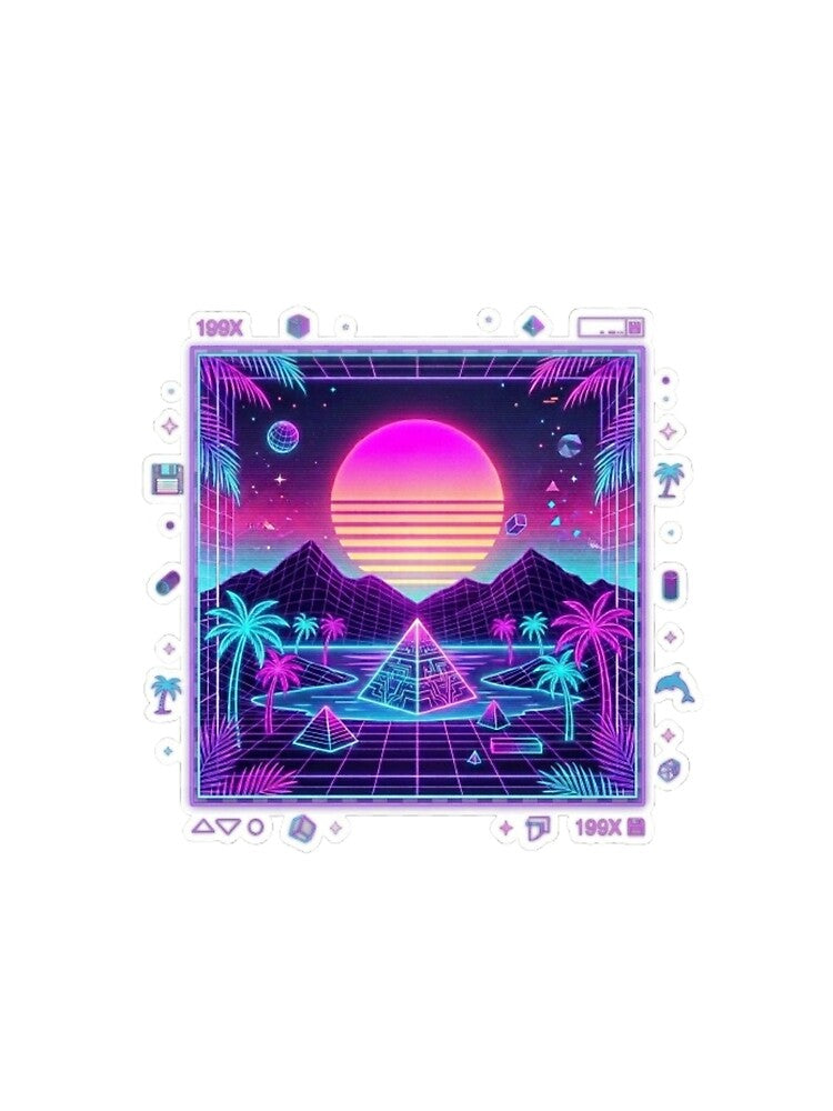 Retro Neon Cyber Pyramid Landscape Art by ajamzbox