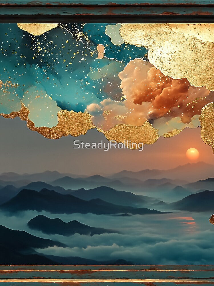 Cosmic Mountain Window – Dreamcore Horizon in Gold by SteadyRolling
