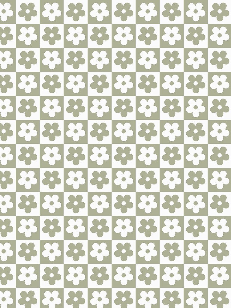 Sage Green Checkerboard Daisy Pattern | Aesthetic Olive Green Floral Checkerboard | Minimalist Matcha Green Daisy Checkered | Botanical Green Daisy Floral Grid | Matcha Latte Floral Checker by VivaFy