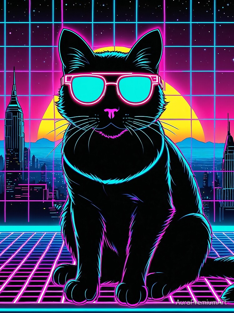 Retro 80s Synthwave Cyberpunk Black Cat by AuraPremiumArt