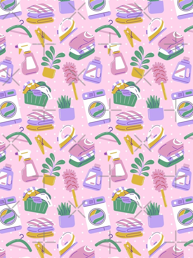 Cute Household Chores Themed Seamless Pattern Pink by MadeByBeata