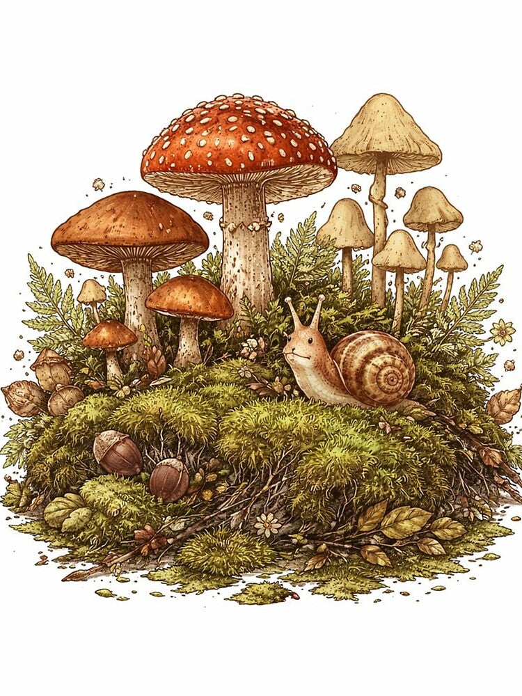 Vintage Cottagecore Mushroom Garden with Snail by Dariusz.K